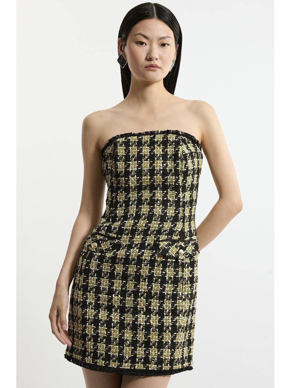 Karen Millen Black & Gold Tweed Strapless Mini Dress Size US 4 / UK 8
